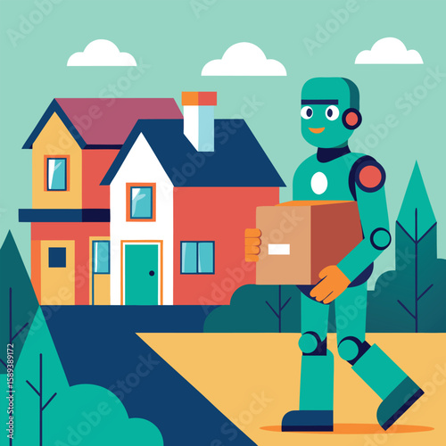 Robot Delivering Groceries In Suburban Neighborhood With Ai System