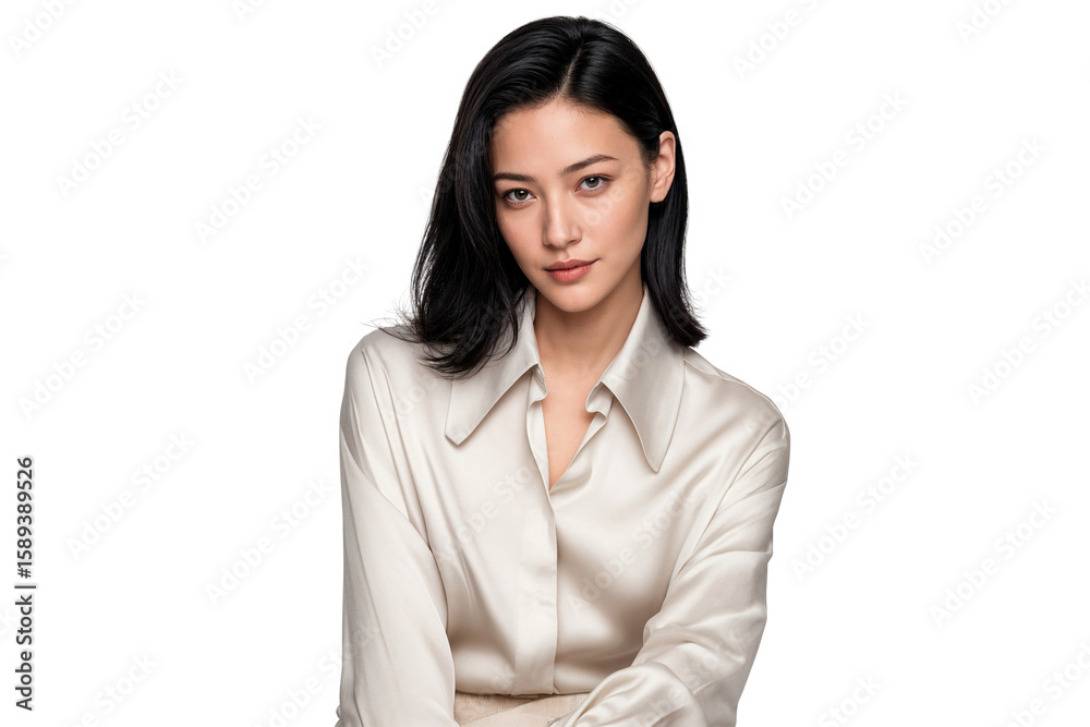 East Asian female model with sleek dark hair and a serene expression, wearing a stylish satin blouse, gazing directly at the viewer isolated on transparent background East Asian female model with sleek dark hair and a serene expression, wearing a stylish satin blouse, gazing directly at the viewer isolated on transparent background