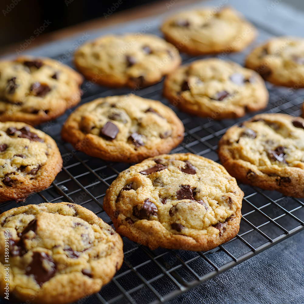 Freshly Baked Chocolate Chip Cookies Cooling on a Wire Rack in a Cozy Kitchen Setting Freshly Baked Chocolate Chip Cookies Cooling on a Wire Rack in a Cozy Kitchen Setting