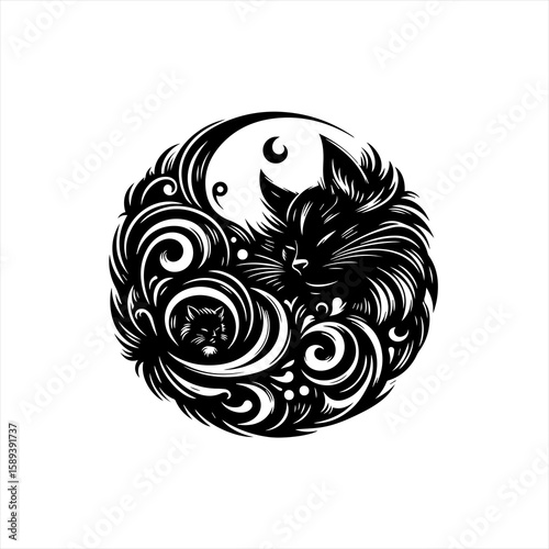 A whimsical cat sleeps peacefully under the moon isolated on white background