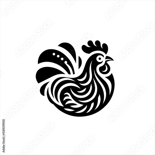 A black and white drawing of a chicken isolated on white background