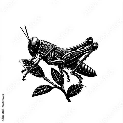 A grasshopper is perched on a leaf, isolated on white background