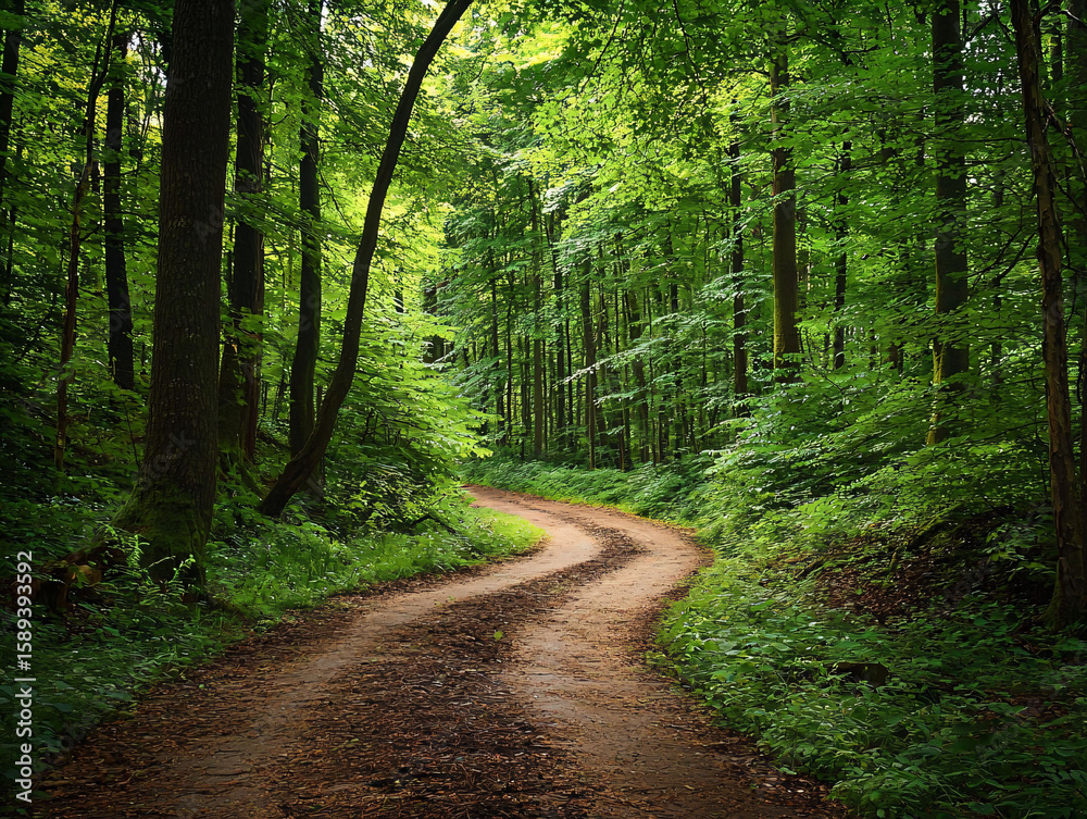 Obraz premium Winding Path Through Lush Green Forest with Tall Trees and Foliage