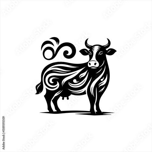 A black and white illustration of a cow isolated on white background