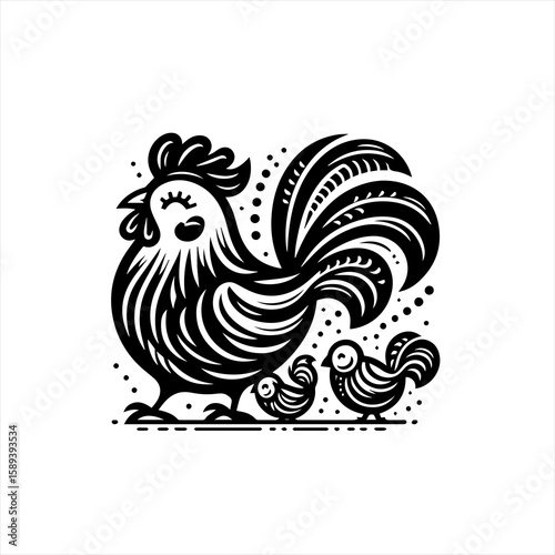A mother hen walks with her two chicks isolated on white background