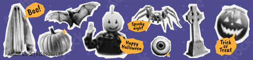 happy halloween halftone collage icon set. retro cut out paper elements in y2k aesthetic. bat, pumpkin, ghost, spider, eye, tombstone in vector dotted effect