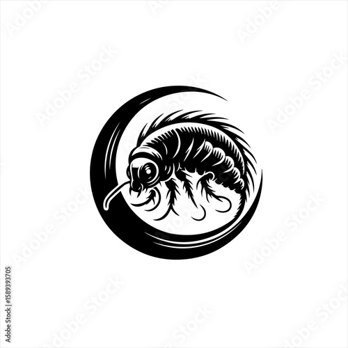 A black and white illustration of a flea isolated on white background
