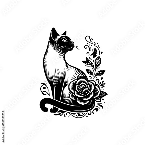 A black and white illustration of a siamese cat with a rose isolated on white background