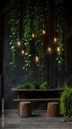 Rustic, dark space with hanging plants and Edison bulbs.  Wooden table and stools. Greenery and warm lighting fill the scene