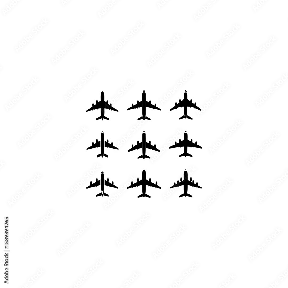Airplane top view set silhouette isolated on white background Airplane top view set silhouette isolated on white background