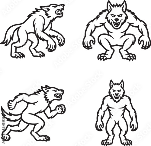Set of Werewolves Outline vector illustration isolated On Transparent Background