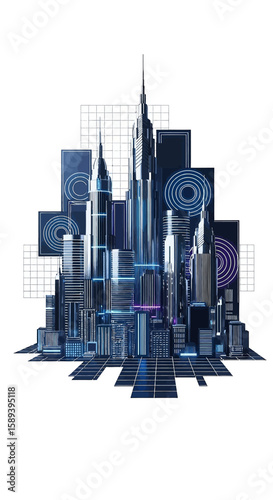 Futuristic Cityscape: Sleek, Dark Blue Skyscrapers with Neon Accents