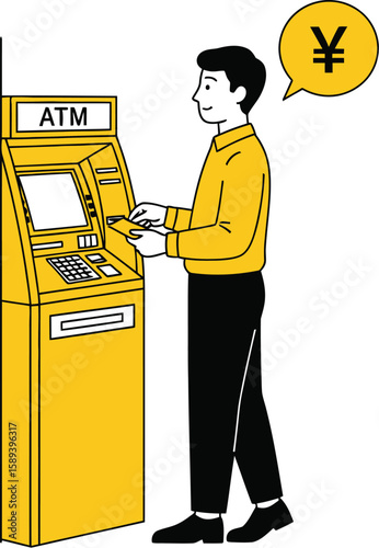 Graphic illustration presents a person using an ATM with Yen currency symbol, conveying financial concepts and banking transactions.