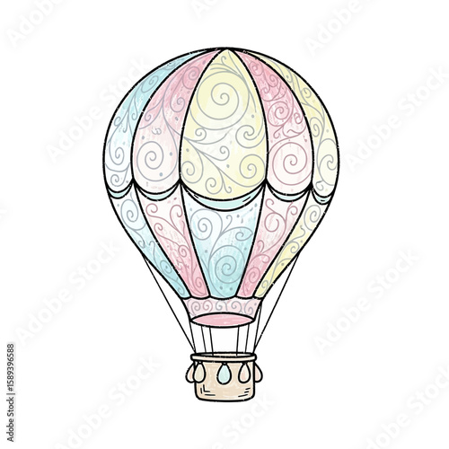 Pastel-Colored Hot Air Balloon with Swirls and Decorative Details