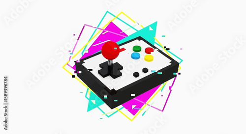 Pixelated Arcade Joystick with Colorful Buttons and Red Ball Handle