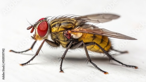 Wallpaper Mural Macro Photography Yellow-striped Fly Close-up, Detailed Composition, Insect Anatomy, Red Eyes Insect photography, macro photography Torontodigital.ca