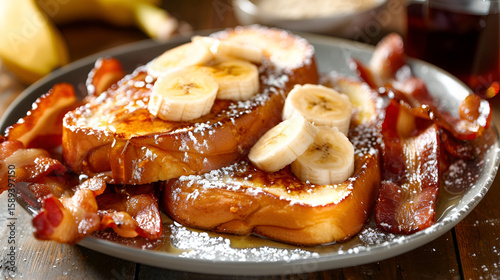 Golden french toast topped with fresh bananas and crispy bacon offers a sweet and savory breakfast combination.
