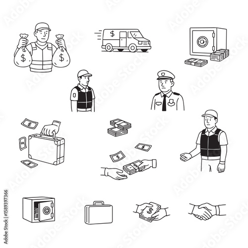 Vector illustration illustrating financial security topics including money handling, armored vans, safe storage and financial transactions, with an emphasis on safe transportation of money.