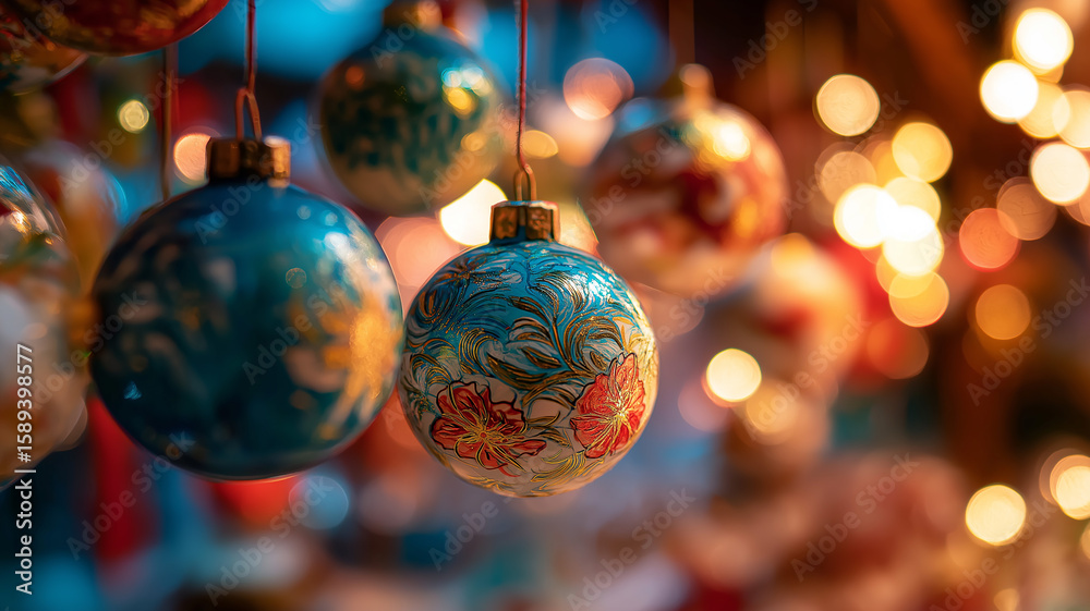 Fototapeta premium Christmas ornament factory bokeh, close-up of painted ornaments, dreamy bokeh lights in background