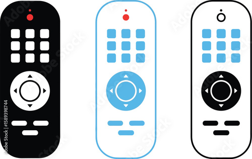 Three stylized remote controls display different color schemes on a clean, white background with simple icons for volume and channel.
