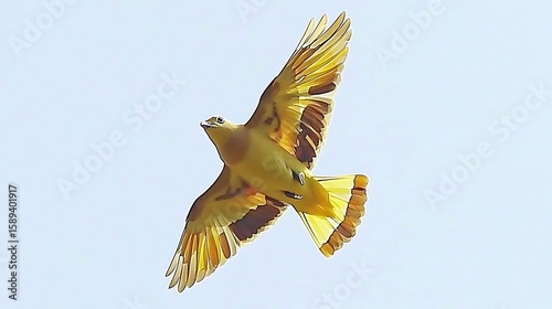 Bird flying alone in soft pale blue sky, telephoto capture midday with clear atmospheric conditions, wings angled diagonally and wide negative space around