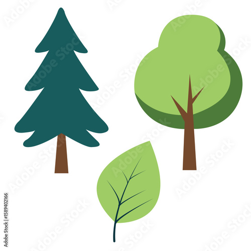 Flat vector illustration of two trees and a leaf. Symbolizes nature, growth, and sustainability. Ideal for eco design, climate visuals, green projects, and environmental infographics.