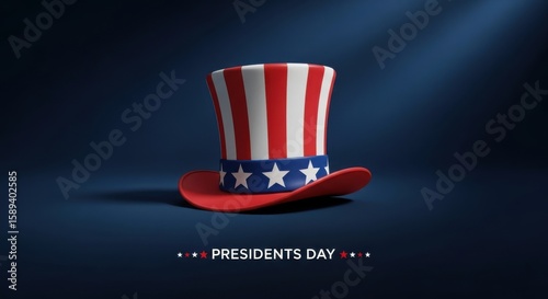 A patriotic top hat with red and white stripes and blue band on a dark blue background for presidents day