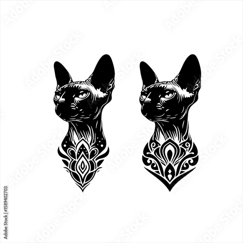 Two decorative sphinx cat heads are isolated on white background