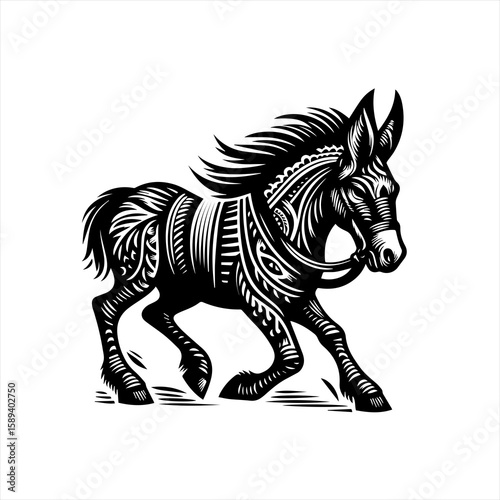 A black and white drawing of a donkey with tribal patterns