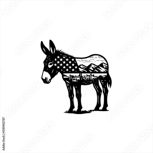 A donkey with an american flag design is isolated on white background