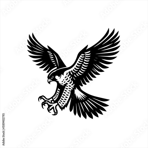 An eagle soars with wings spread isolated on white background