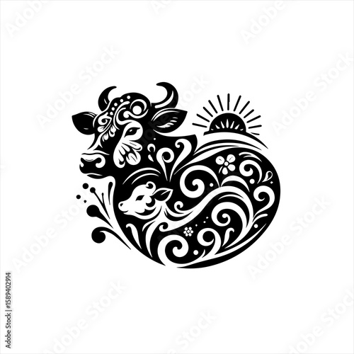 A decorative black and white cow illustration isolated on white background