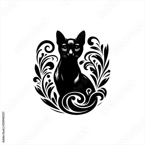 A sleek black cat surrounded by ornate swirls and decorative elements