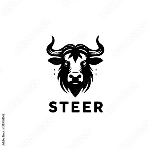 A black steer head is isolated on white background