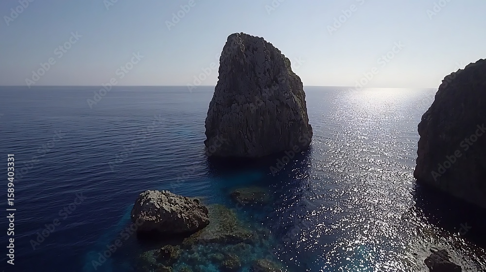 Fototapeta premium Aerial drone image showing solitary rock amidst calm blue sea, midday sunlight illuminating rock face, water reflecting clear sky with minimal wave activity