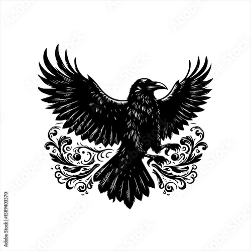 A black and white drawing of a raven isolated on white background