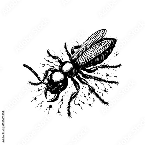 A detailed black and white drawing of a bee isolated on white background