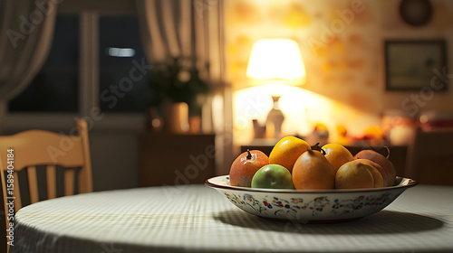 A bowl of fruit on a table in a dimly lit room.  A warm, inviting interior scene with a focus on a bowl of colorful fruit, including mangos, lemons, 