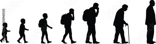 Human life stages, silhouette progression, aging process, generational journey, age evolution, child to elderly, black background, Adobe Stock, vector illustration, digital art