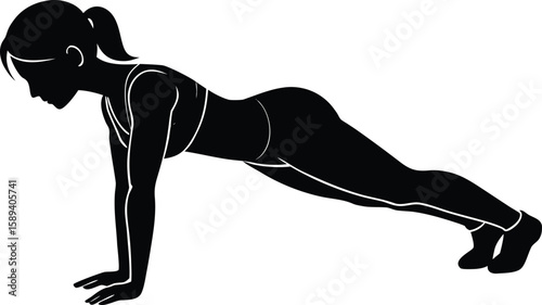 Plank Position Woman Silhouette Vector for Exercise, Fitness Training, Flat Clipart