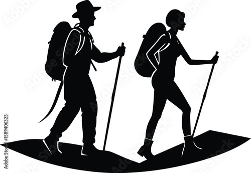 Male and Female Hiker Silhouette for Hiking and Nature Clipart illustration