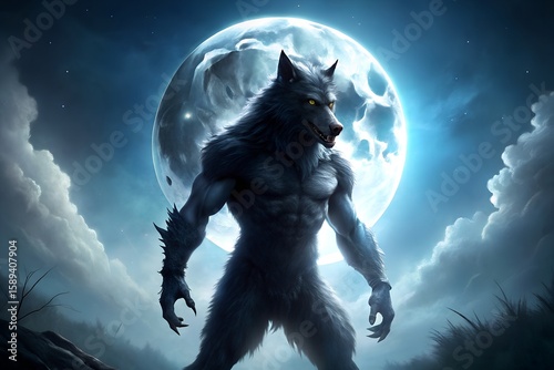 Moonlit Werewolf Transformation Poster – Dark Blue & Silver Silhouette Art