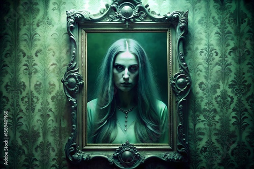 Haunted Cursed Mirror Poster with Ghostly Reflection in Silver & Sickly Green Hues