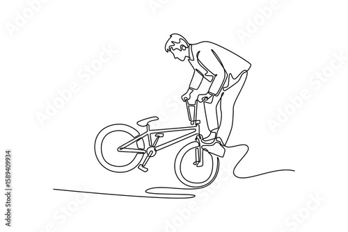Single continuous line drawing BMX rider performs tricks while on the front wheel steps. Young man shows freestyle on bike and makes dangerous moves. One line draw graphic design vector illustration