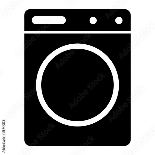 Black and white minimalist depiction of front load washing machine design