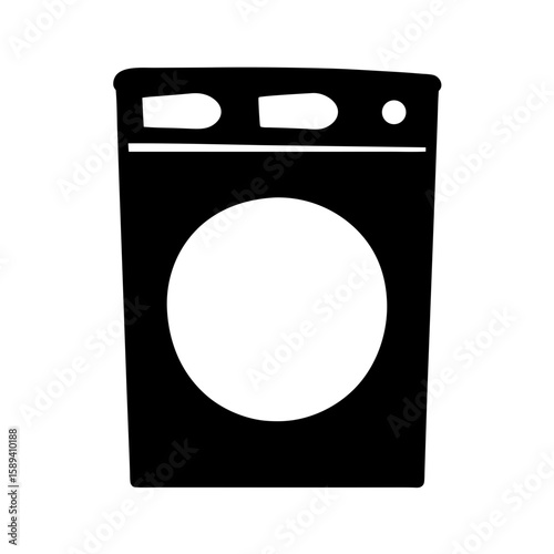 Black and white graphic of a washing machine icon, simple design