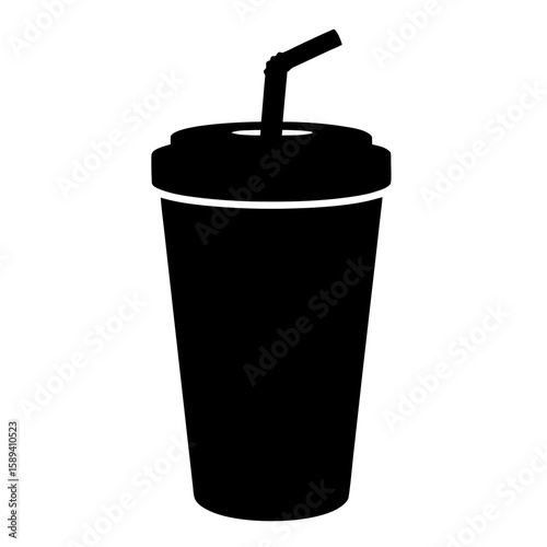 Black silhouette of a disposable cup with straw and lid on white