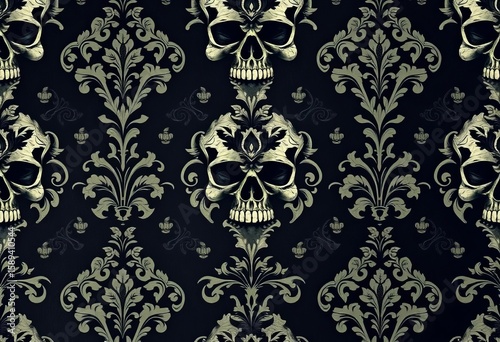 Aged damask pattern with distressed skulls, gothic horror wallpaper,  grunge texture,   creepy