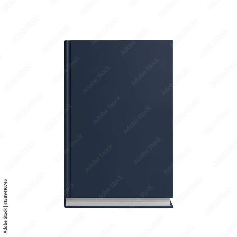 Fototapeta premium A single, closed, dark blue hardcover book stands upright against a white background.