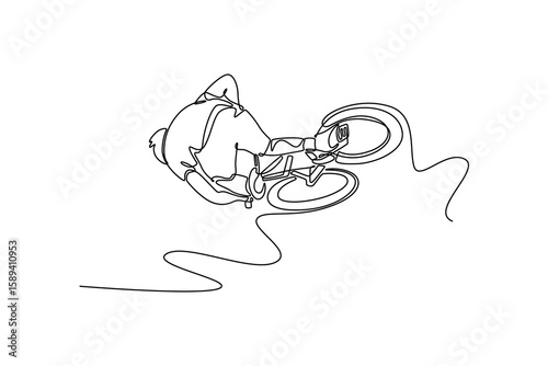Single continuous line drawing young man riding bmx bike, training, doing tricks. Dangerous and difficult activity. Active lifestyle, sport, extreme. One line draw graphic design vector illustration